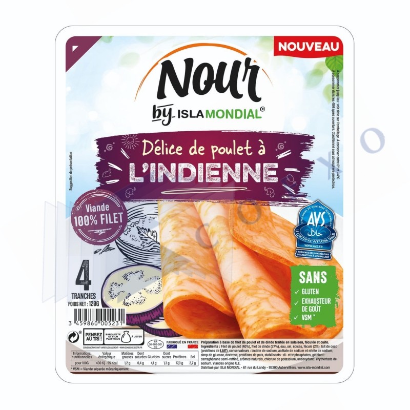 DELICE DE POULET INDIENNE TRANCHE - Unité 120g - NOUR ISM DELICE DE POULET INDIENNE TRANCHE - Unité 120g - NOUR ISM